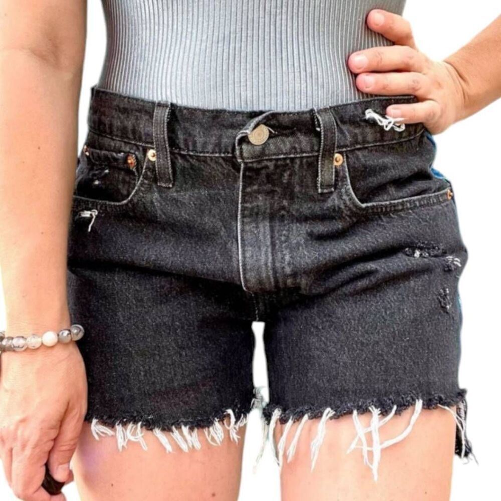 Levi's Y2K Custom Distressed Cutoff Shorts Blue Logo Side Panel Upcycled Sz W32 - Picture 2 of 5